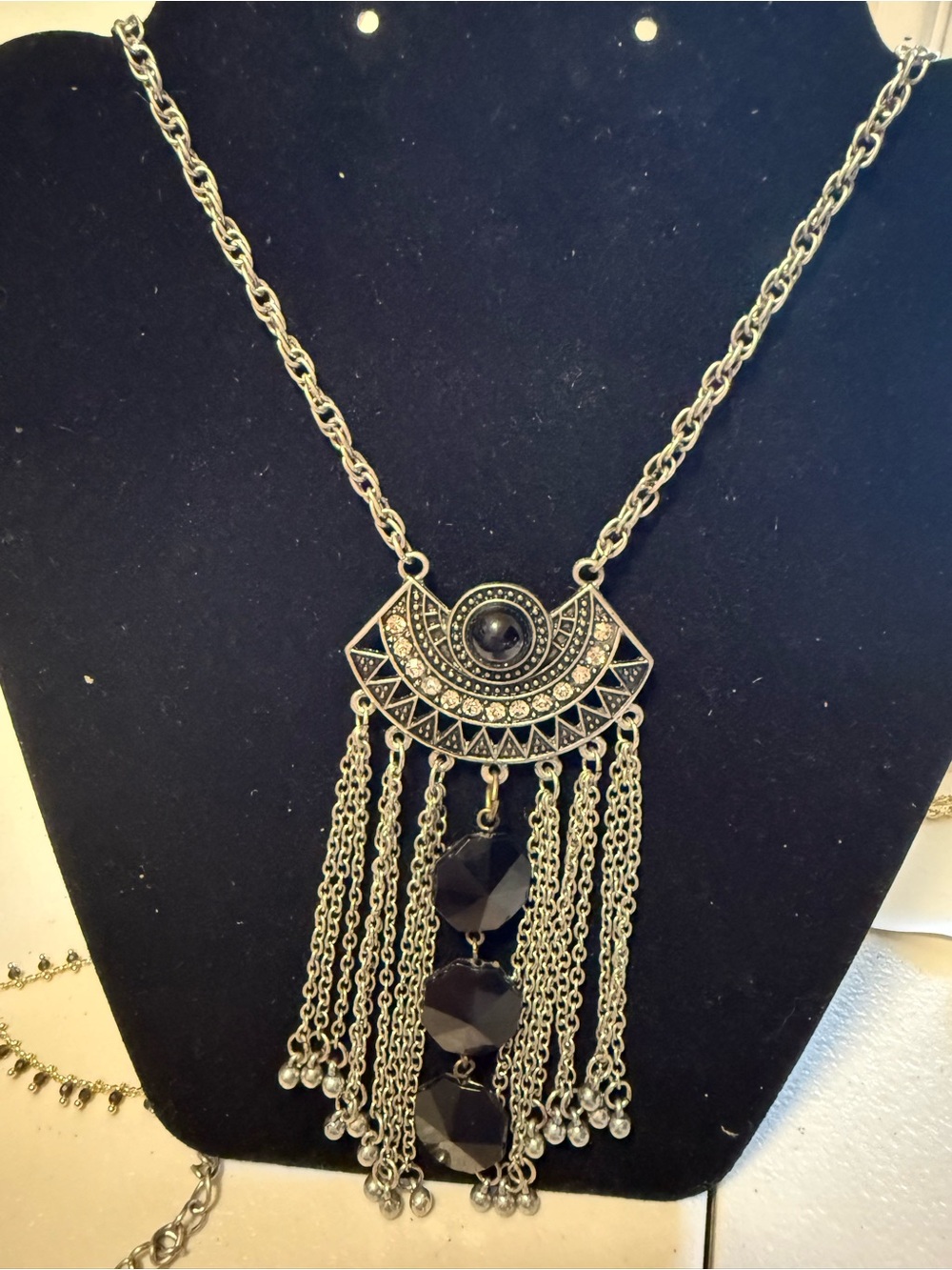 Boho Black Fringe Pendant Necklace
